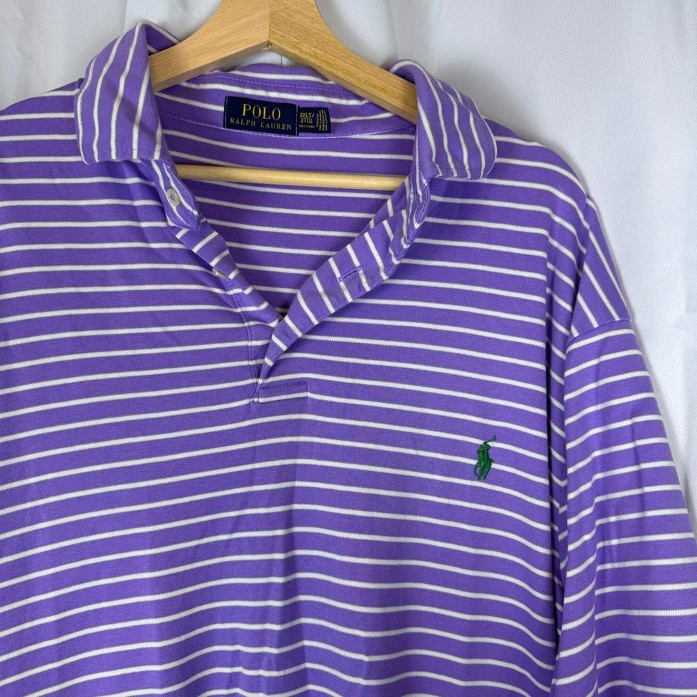 Polo Ralph Lauren Mens 2XLT Purple White Striped Short Sleeve Polo Shirt Tall